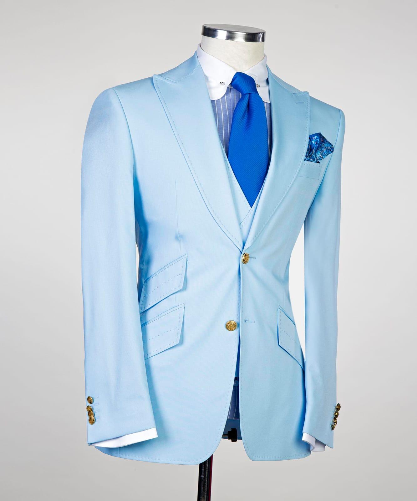 New Arrival Sky Three Pieces Peaked Lapel Slim Fit Men Blue Business Suits