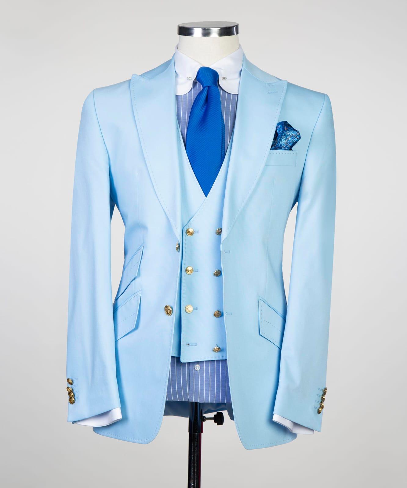 New Arrival Sky Three Pieces Peaked Lapel Slim Fit Men Blue Business Suits