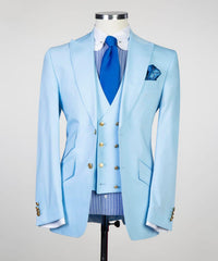 New Arrival Sky Three Pieces Peaked Lapel Slim Fit Men Blue Business Suits
