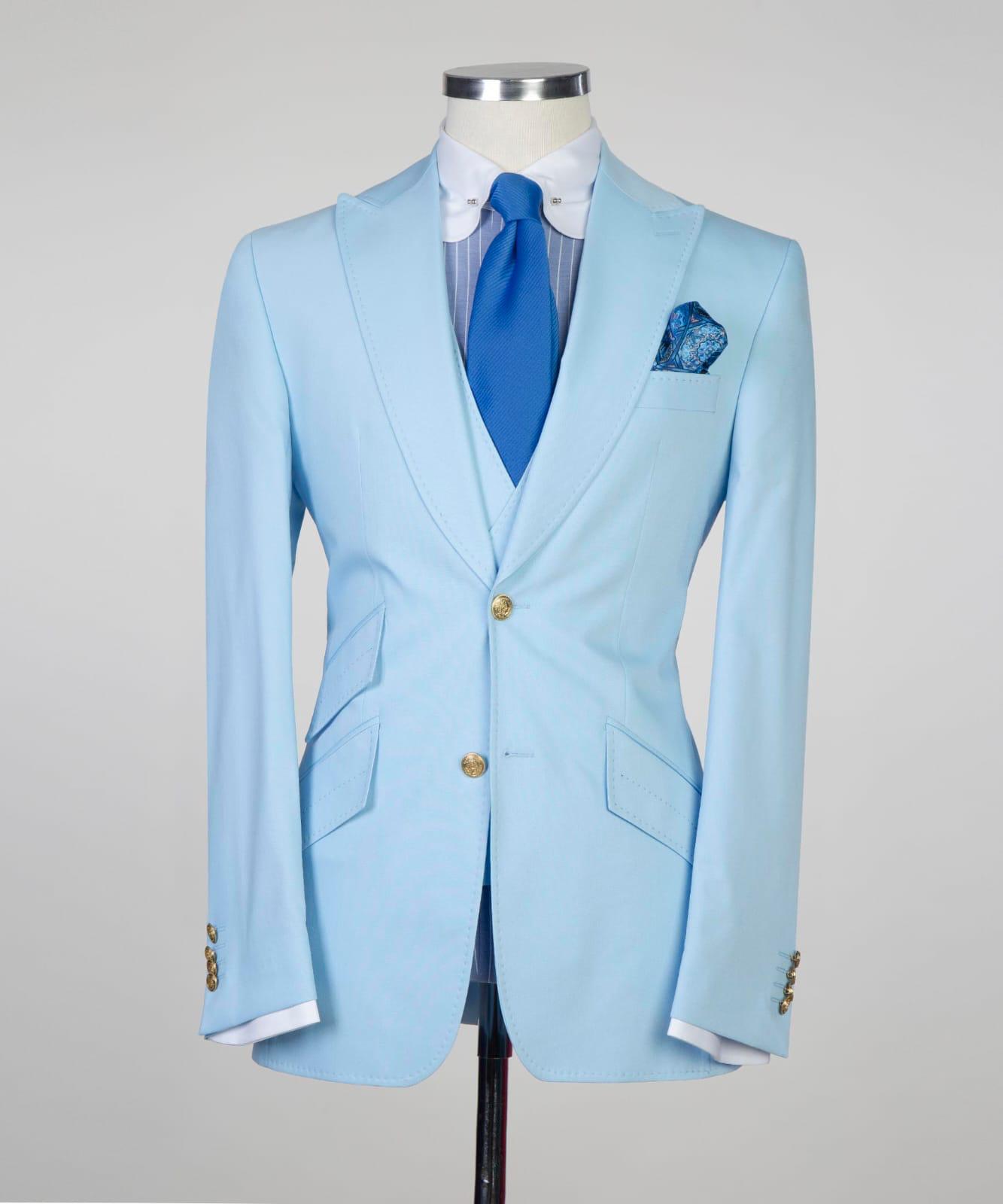 New Arrival Sky Three Pieces Peaked Lapel Slim Fit Men Blue Business Suits