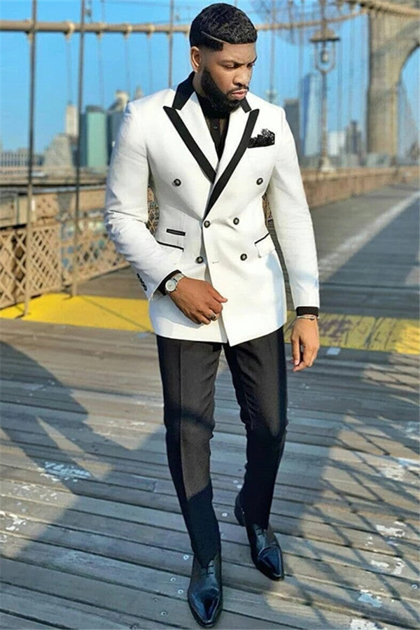 New Arrival Double Breasted Peaked Lapel Fashion White Wedding Suits