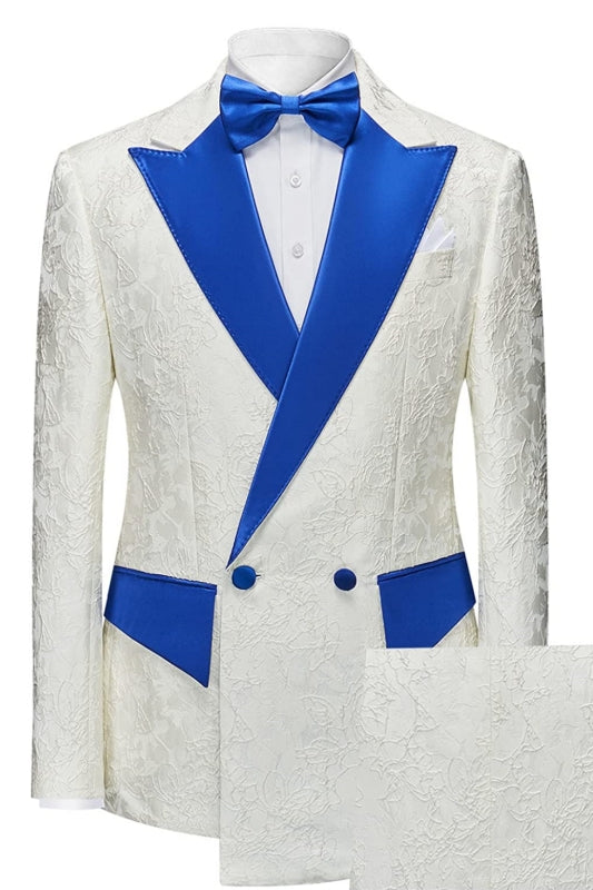 New Arrival Jacquard White Prom Suits With Blue And White Peaked Lapel