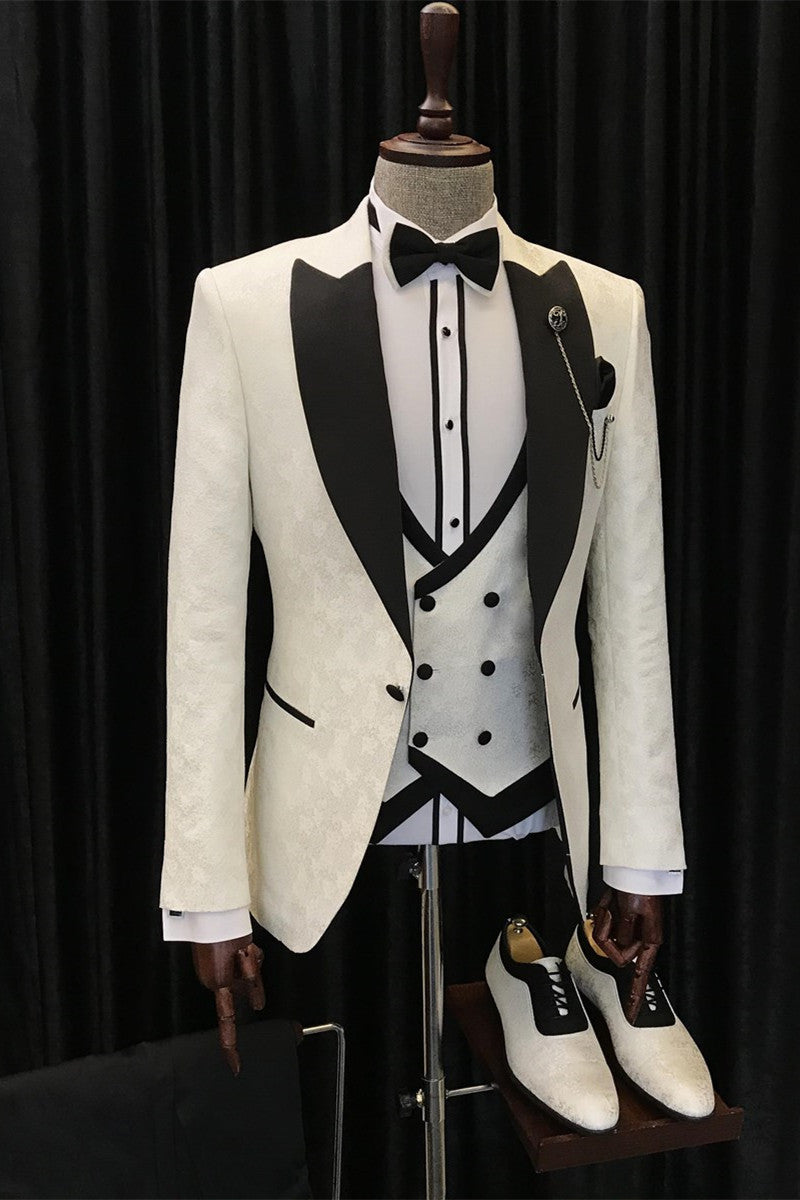 New Arrival Jacquard Three Pieces White Wedding Suits With Black Peaked Lapel