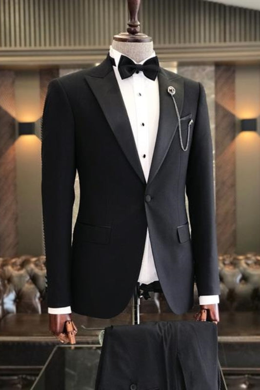 Newest Peaked Lapel Two Pieces Black Wedding Suits