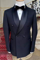 Newest Shawl Lapel Double Breasted Black Wedding Suits