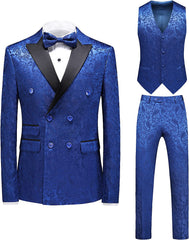 Newest Jacquard Double Breasted Three Pieces Blue Prom Suits
