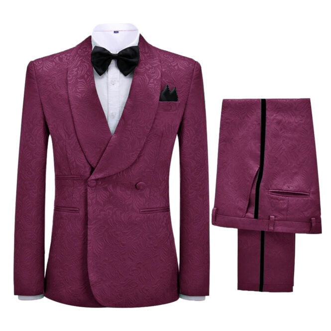 Newest Jacquard Shawl Lapel Double Breasted Burgundy Wedding Suits