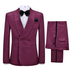 Newest Jacquard Shawl Lapel Double Breasted Burgundy Wedding Suits