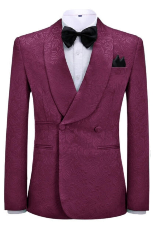 Newest Jacquard Shawl Lapel Double Breasted Burgundy Wedding Suits