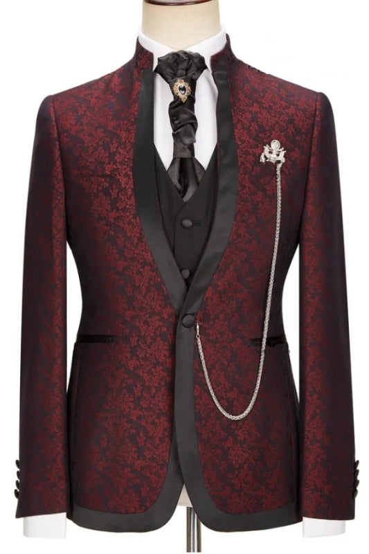 Newest Jacquard Shawl Lapel Three Pieces Burgundy Wedding Suits