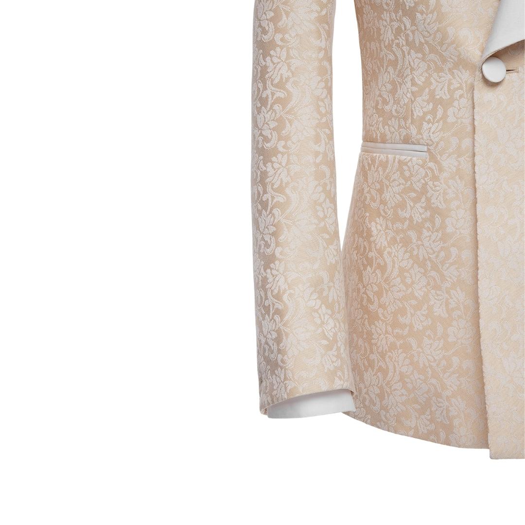 Newest Champagne Shawl Lapel Double Breasted Jacquard Wedding Suits