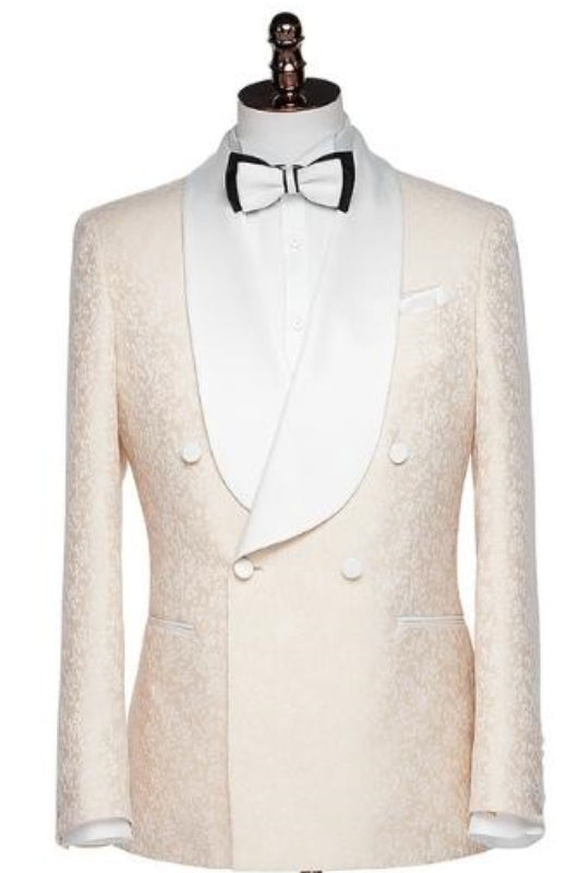 Newest Champagne Shawl Lapel Double Breasted Jacquard Wedding Suits
