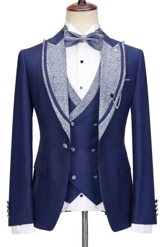 Newest Dark Bespoke Peaked Lapel Three Pieces Blue Wedding Suits