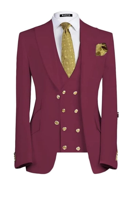 Newest Deep Red Peaked Lapel Three Pieces Men Suits For Prom