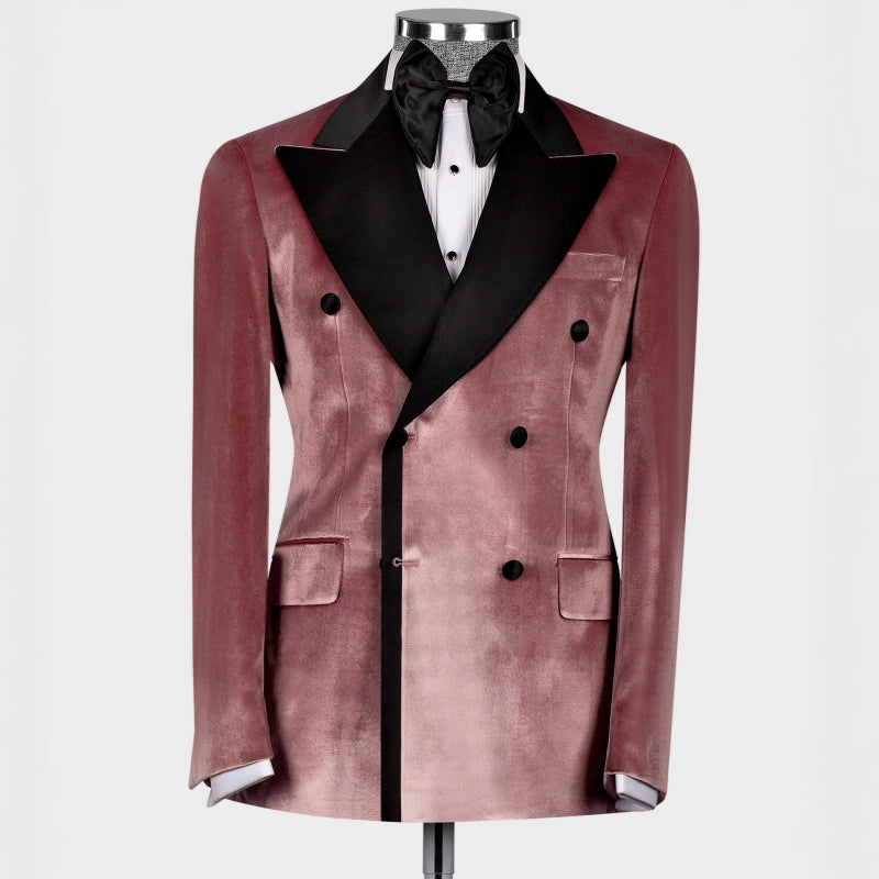 Newest Dusty Peaked Lapel Double Breasted Velvet Pink Prom Suits