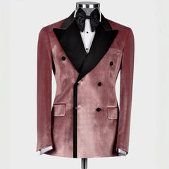 Newest Dusty Peaked Lapel Double Breasted Velvet Pink Prom Suits