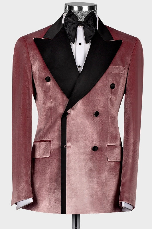 Newest Dusty Peaked Lapel Double Breasted Velvet Pink Prom Suits