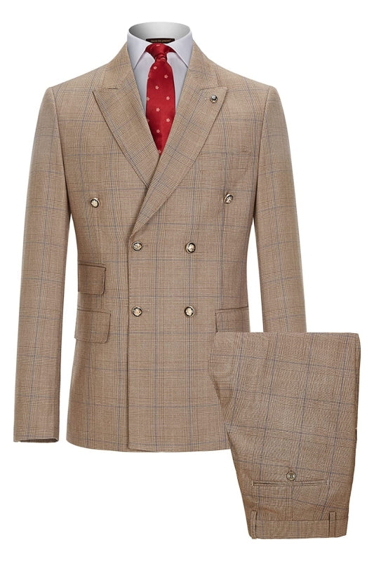Newest Double Breasted Plaid Khaki Prom Suits