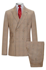 Newest Double Breasted Plaid Khaki Prom Suits