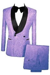 Newest Double Breasted Jacquard Lavender Wedding Suits With Velvet Lapel
