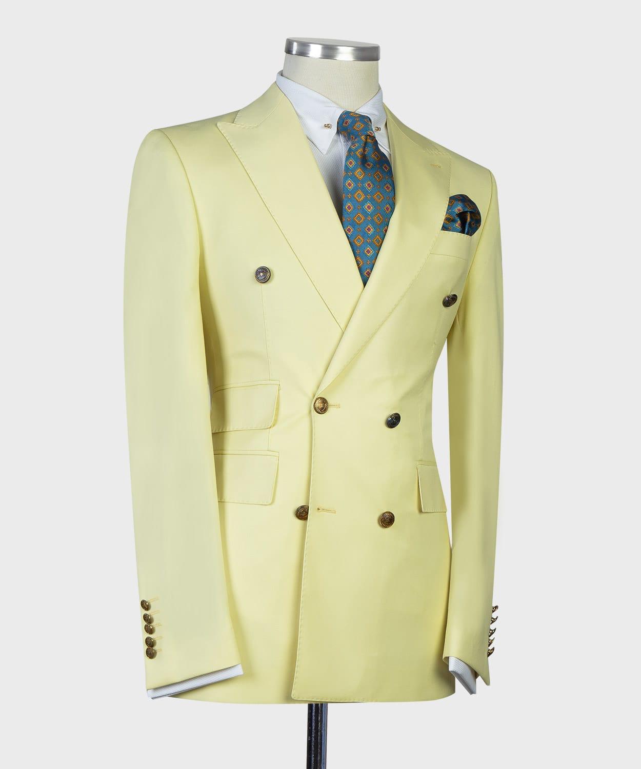 Newest Light Double Breasted Peaked Lapel Men Yellow Prom Suits