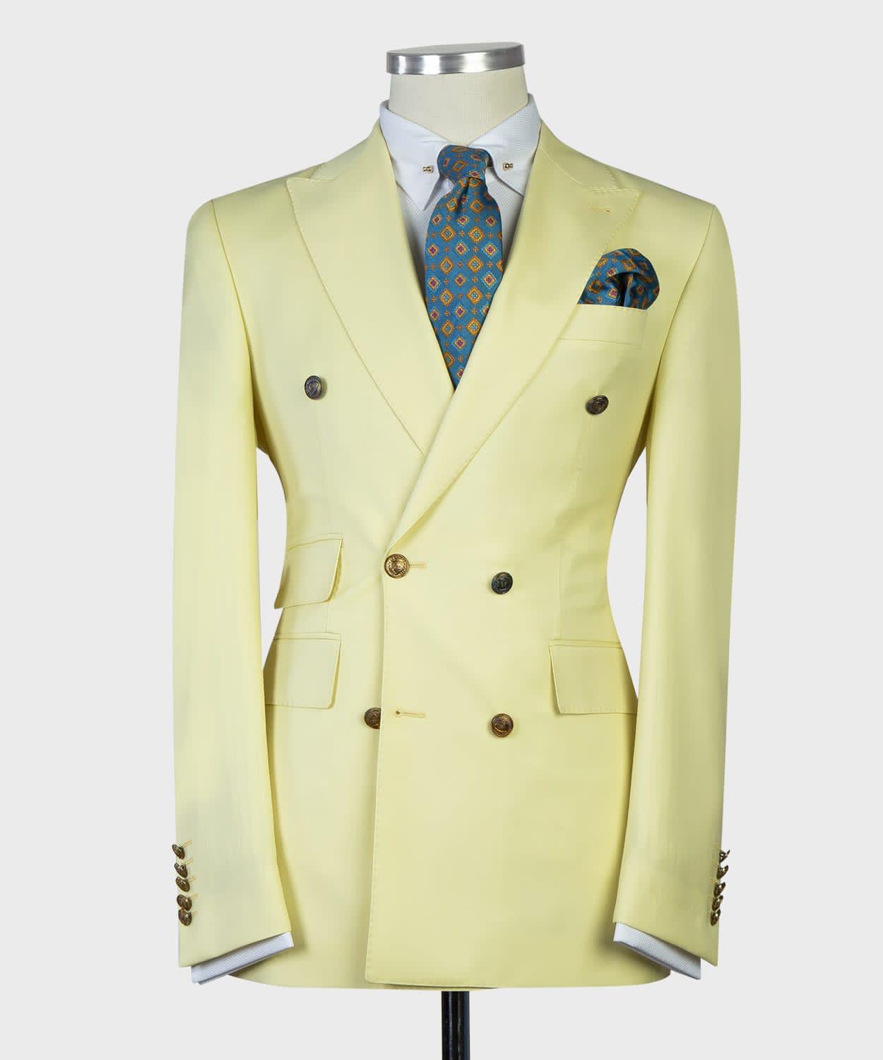 Newest Light Double Breasted Peaked Lapel Men Yellow Prom Suits