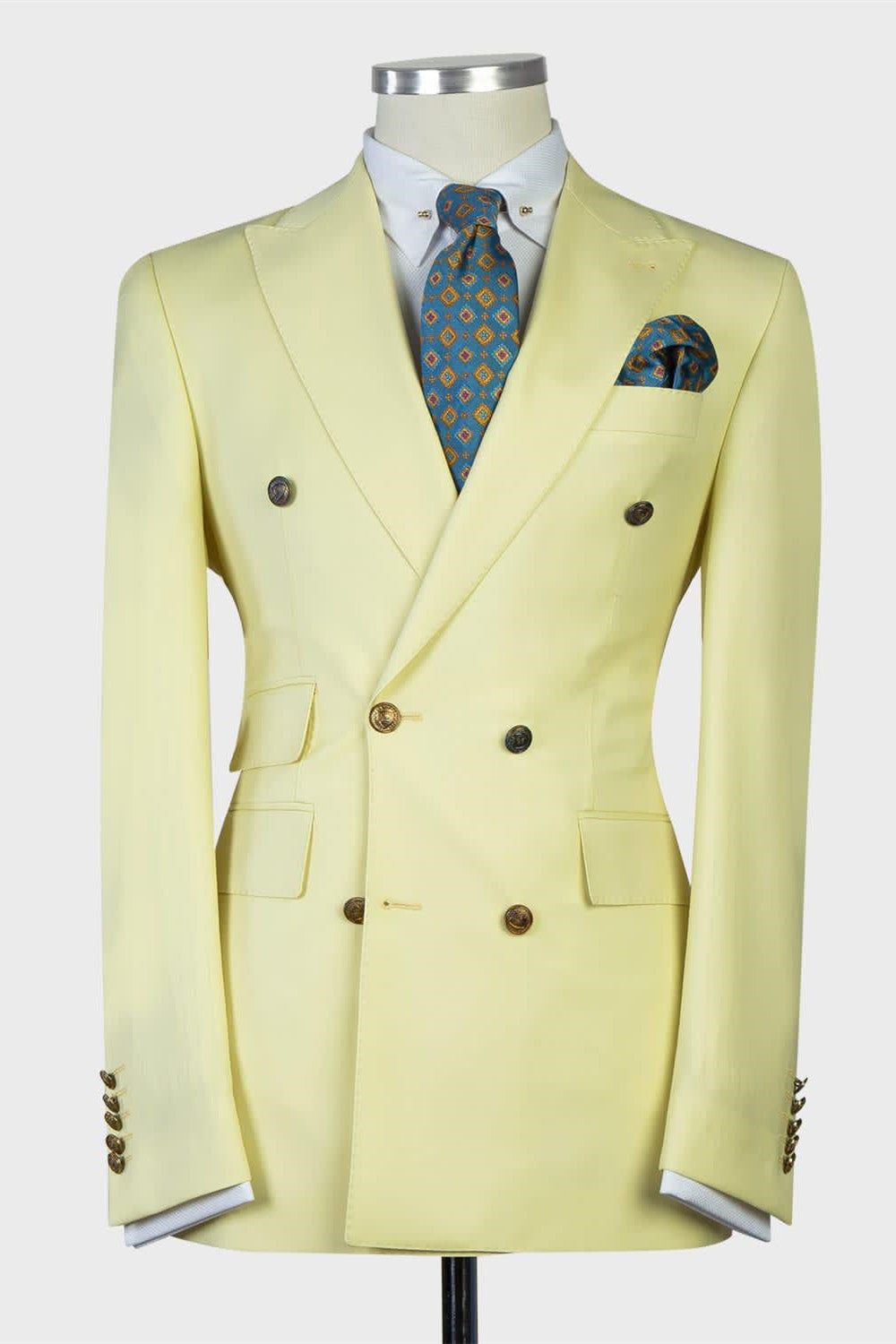 Newest Light Double Breasted Peaked Lapel Men Yellow Prom Suits