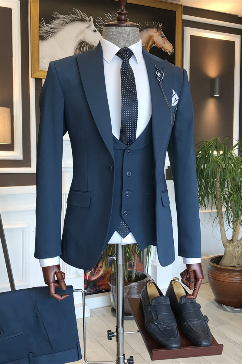 Newest Navy Peak Lapel Three Pieces Men Suits For Business