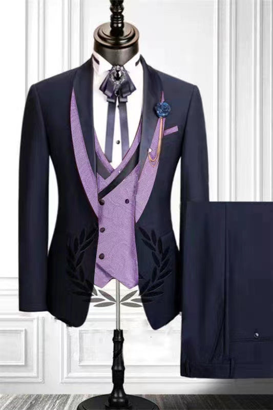 Newest Shawl Lapel Three Pieces Fashion Men Navy Prom Suits
