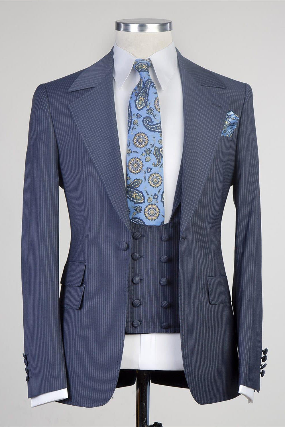 Newest Stripe Notched Lapel Three Pieces Men Navy Business Suits
