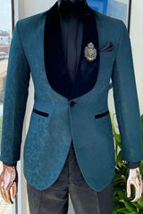 Newest Ocean Shawl Lapel Jacquard Blue Wedding Suits