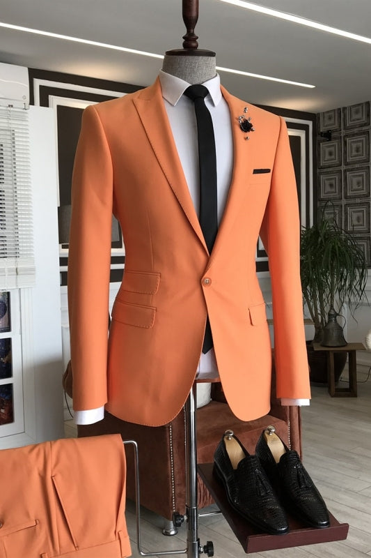 Newest Orange Peaked Lapel Two Pieces Prom Suits For Men
