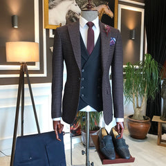 Newest Plaid Peaked Lapel Three Pieces Business Men Suits With Black Vest
