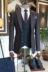 Newest Plaid Peaked Lapel Three Pieces Business Men Suits With Black Vest