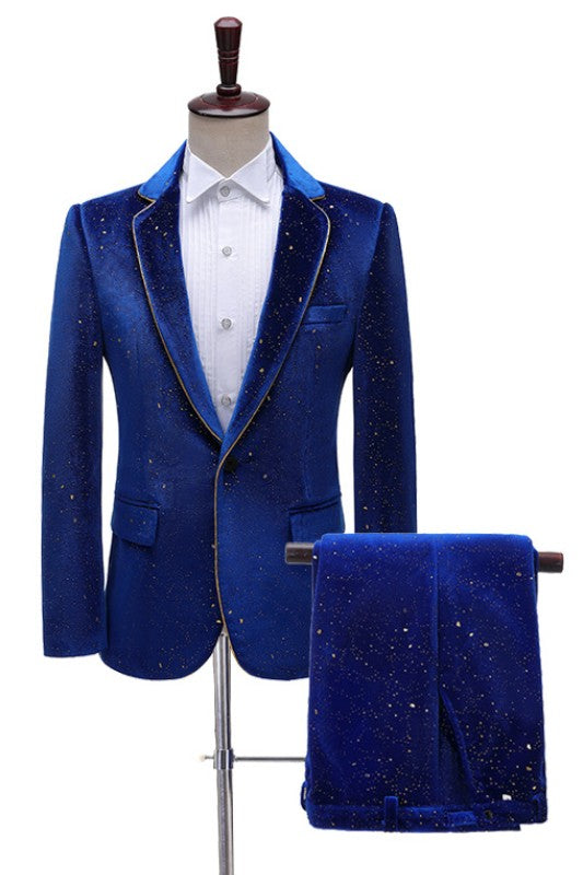 Newest Royal Velvet Two Pieces Notched Lapel Blue Prom Suits with Gold Sequins