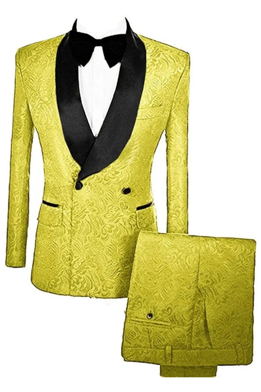 Newest Double Breasted Jacquard Yellow Wedding Suits With Velvet Lapel