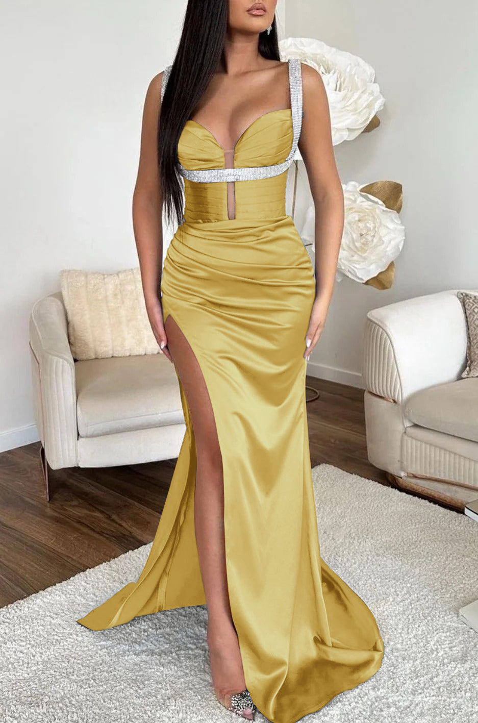 Ocean Blue Mermaid Prom Dress Spaghetti Strap With High Slit Sleeveless