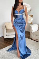 Ocean Blue Mermaid Prom Dress Spaghetti Strap With High Slit Sleeveless