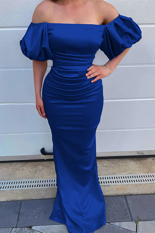 Ocean Blue Off the Shoulder Bubble Sleeves Mermaid Prom Dress With Pleated
