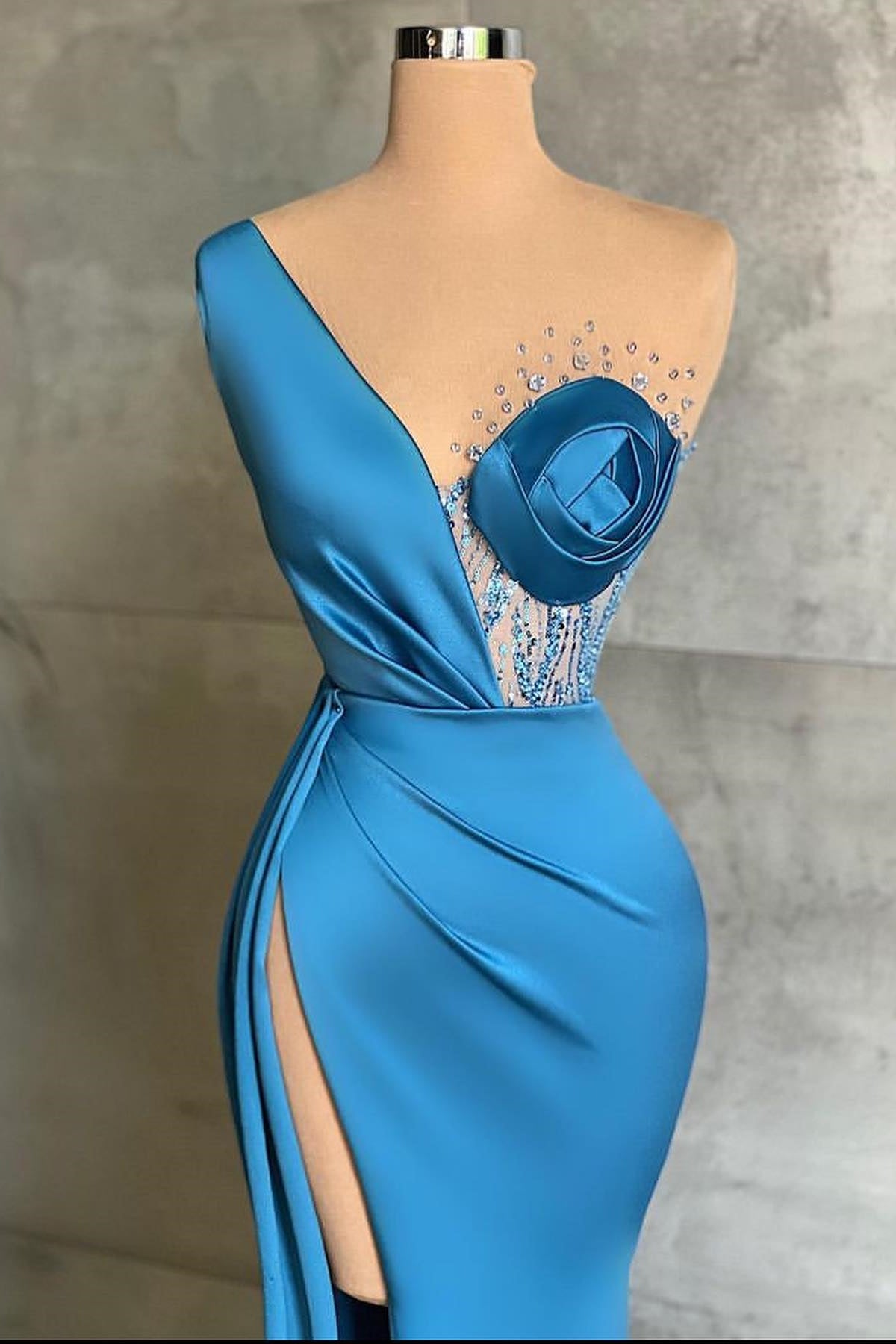 Ocean Blue One Shoulder Beading Mermaid Long Prom Dress With Split