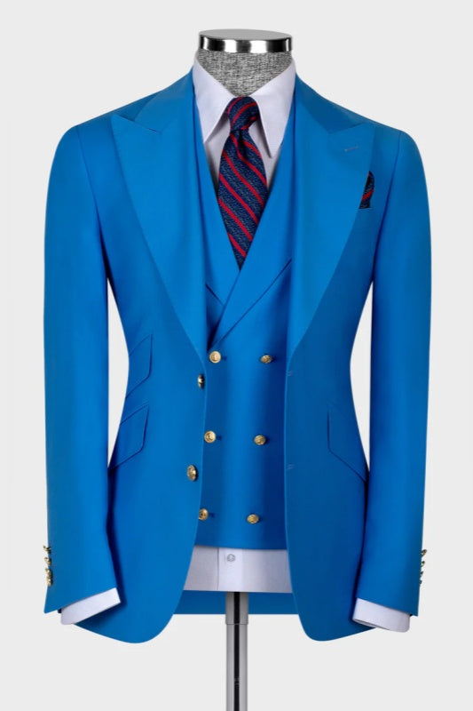 Ocean Blue Peaked Lapel Three Pieces Wedding Men Suits