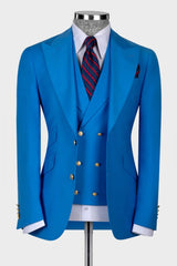 Ocean Blue Peaked Lapel Three Pieces Wedding Men Suits