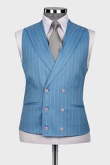 Ocean Blue Striped Peaked Lapel Three Pieces Prom Men Suits