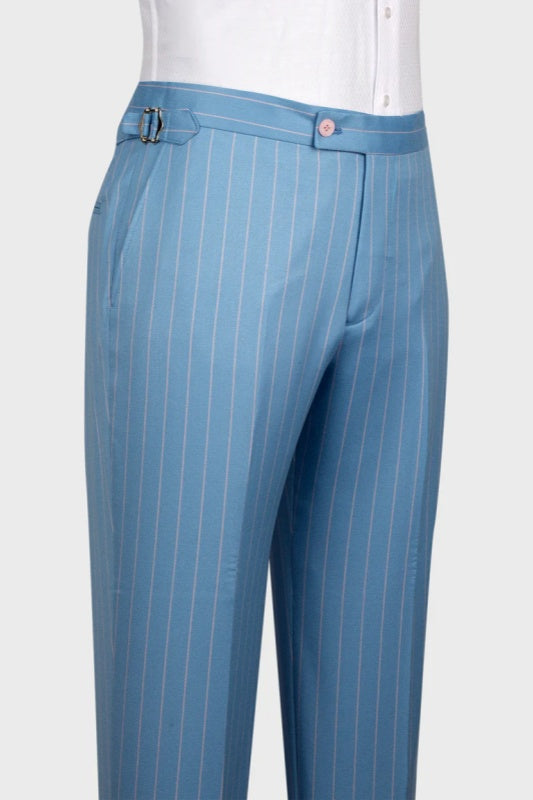 Ocean Blue Striped Peaked Lapel Three Pieces Prom Men Suits