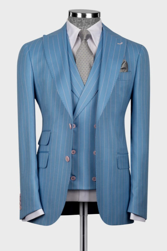 Ocean Blue Striped Peaked Lapel Three Pieces Prom Men Suits