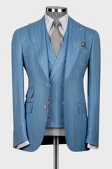 Ocean Blue Striped Peaked Lapel Three Pieces Prom Men Suits