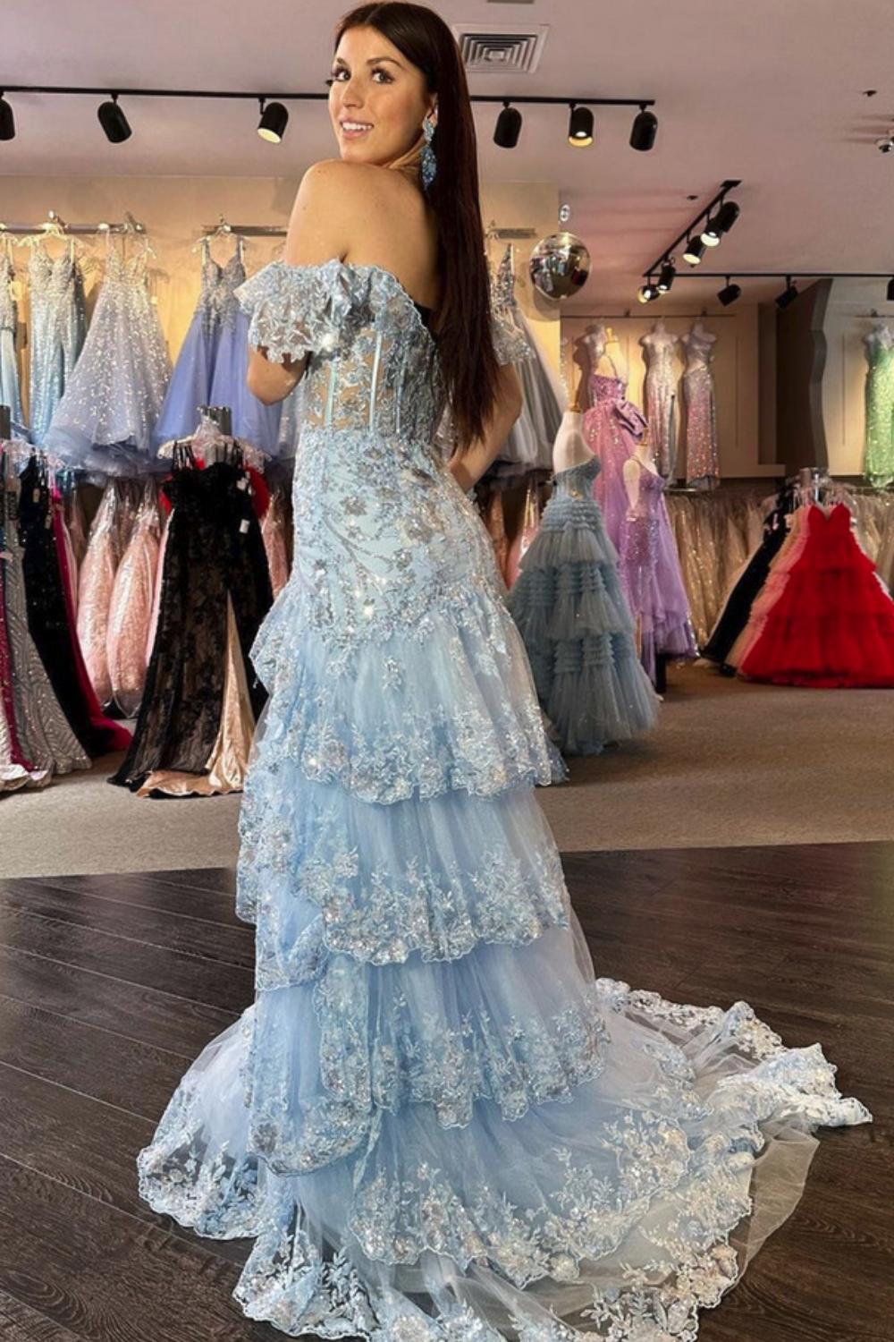 Off-the-shoulder A-line Long Prom Dress with Lace Applique-27dress