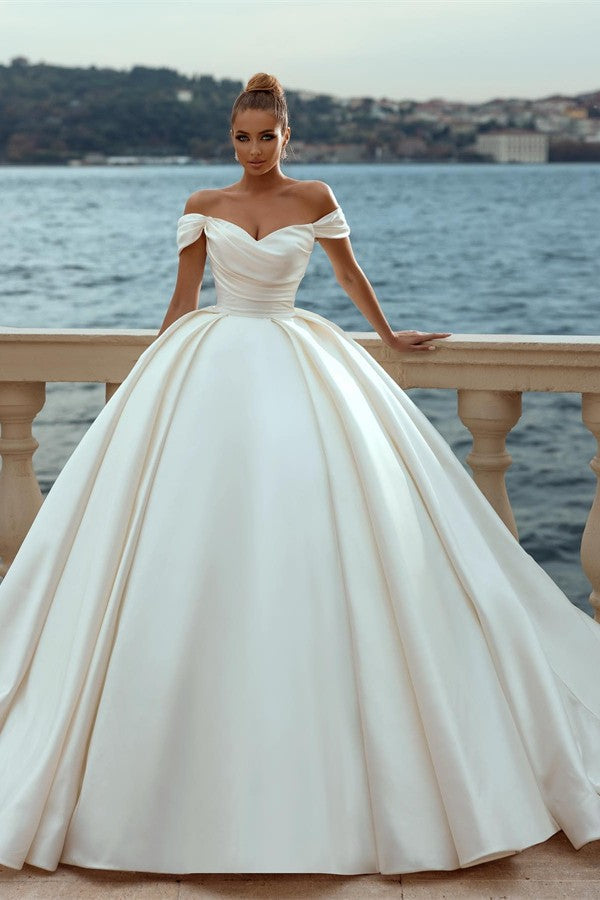 Off-the-Shoulder Ball Gown Wedding Dress Ivory Satin Bridal Wear-27dress
