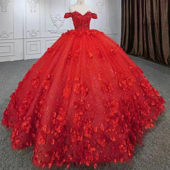 Off-the-Shoulder Ball Gown Wedding Dress Red With Appliques-27dress