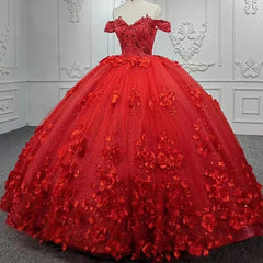 Off-the-Shoulder Ball Gown Wedding Dress Red With Appliques-27dress